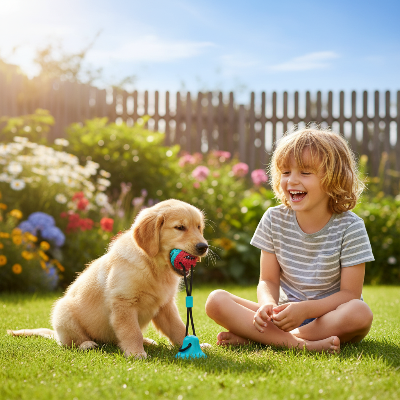 jouet chien à mâcher - corde dentition nettoyage-chien-joue-avec-enfant-dehor