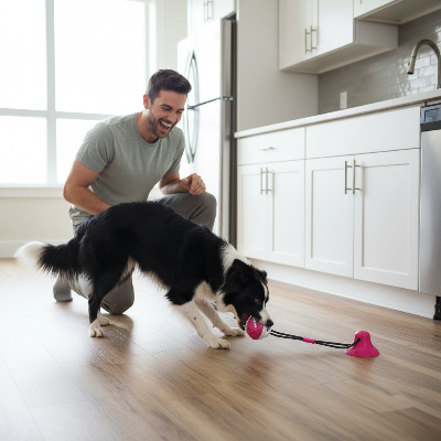 jouet chien à mâcher - corde dentition nettoyage-chien-joue-dans-la-cuisine-avec-son-maitre