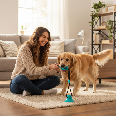 jouet chien à mâcher - corde dentition nettoyage-chien-joue-dans-le-salon-avec-sa-maitresse