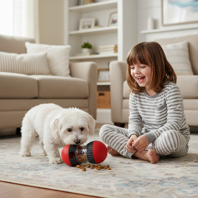 jouet interactif pour chien -  alimentation lente-chien-joue-avec-enfant-au-salon