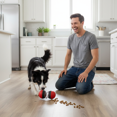 jouet interactif pour chien -  alimentation lente-chien-joue-avec-homme-a-la-cuisine