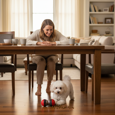 jouet interactif pour chien -  alimentation lente-chien-joue-en-dessous-de-la-table-maitresse-regarde