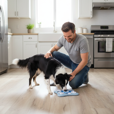 jouet interactif pour chien - distributeur de nourriture-Homme avec chien