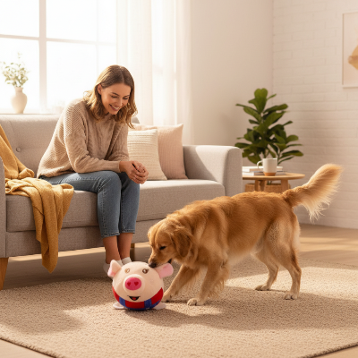 jouet interactif pour chien - peluche éclectique-Femme et chien avec peluche électrique cochon