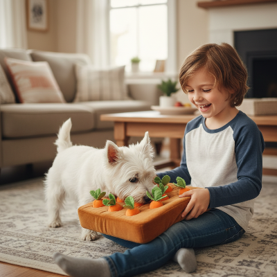 jouet interactif pour chien - tapis a renifler-chien-avec-enfant-salon