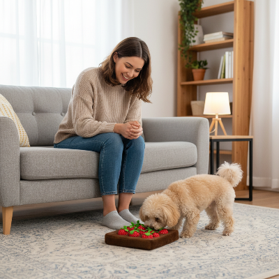 jouet interactif pour chien - tapis a renifler-chien-avec-maitresse-au-salon