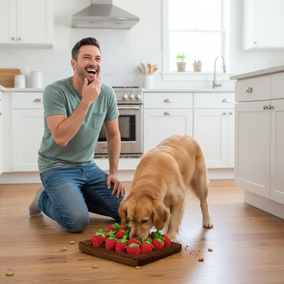 jouet interactif pour chien - tapis a renifler-chien-avec-son-maitre-a-la-cuisine