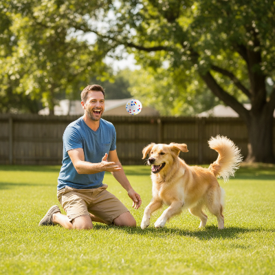 jouet pour chien - balle-Homme et chien avec balle multicolore