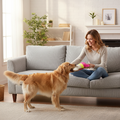 jouet pour chien - os couineur-Femme et chien avec os couineur