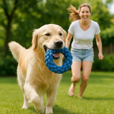 jouet pour chien indestructible - en corde-Femme et chien avec corde bleue