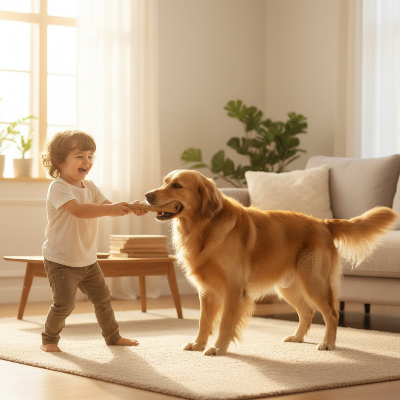 jouet pour chien indestructible -  forme d'os imitation  bois-Enfant jouant avec son chien