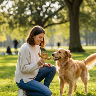 jouet pour chien indestructible -  forme d'os imitation  bois-Femme en parc avec son chien