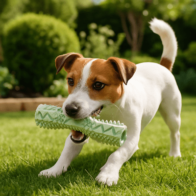 jouet chien -brosse à dents hygiène dentaire-chien-qui-joue-et-mordille-son-jouet