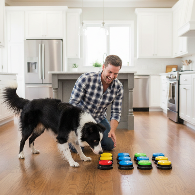 jouets pour chien - bouton communication-chien-a-plusieurs-couleurs-devant-lui-maitre-lui-montre
