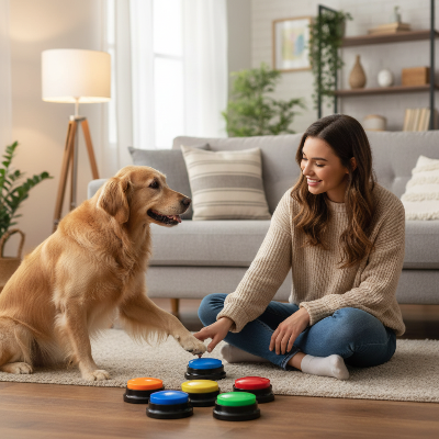 jouets pour chien - bouton communication-chien-a-plusieurs-couleurs-devant-lui-maitresse-lui-montre-a -peser-sur-le-bleu