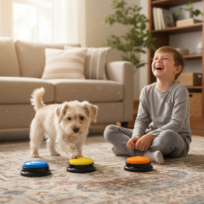 jouets pour chien - bouton communication-chien-pesant-sur-jaune-avec-enfant-qui-rit