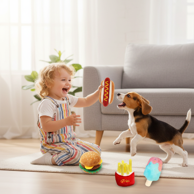 jouets pour chiens -  restaurant-Enfant et chien avec plusieurs jouets -restaurant