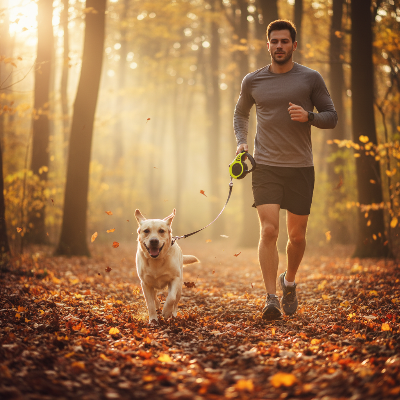 laisse chien - corde traction-laisse jaune - homme qui jogge en forêt