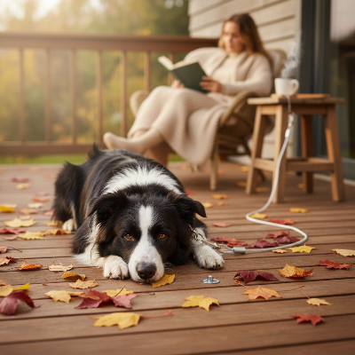 laisse chien - double-Câble argent - Border Collie sur -terrasse en automne