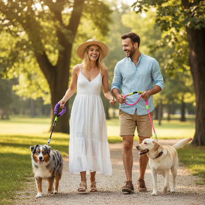 laisse de chien - corde anti traction-Couple avec les deux laisses mauve et verte au parc