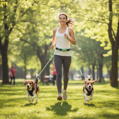laisse pour chien - marche-Laisse verte - femme qui jogge avec deux Beagles