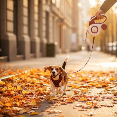 laisse pour chien  - rétractable-Laisse rouge - Beagle en ville en -automne