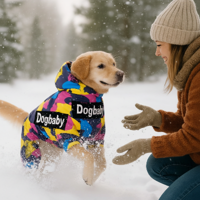 manteau pour chien - chaud et confortable-manteau imprimé - Golden Retriever dans la neige avec maître