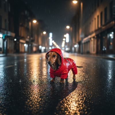 manteau pour chien - chaud et confortable-manteau rouge - Teckel sous la pluie en ville