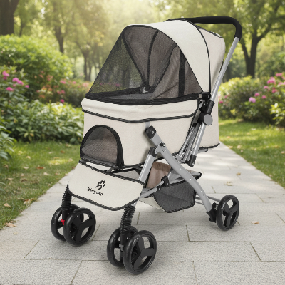 Poussette pour chien couleur gris avec absorption des chocs