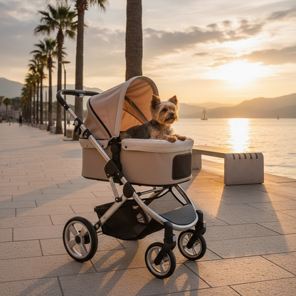 Poussette pour chiens au bord de l'eau