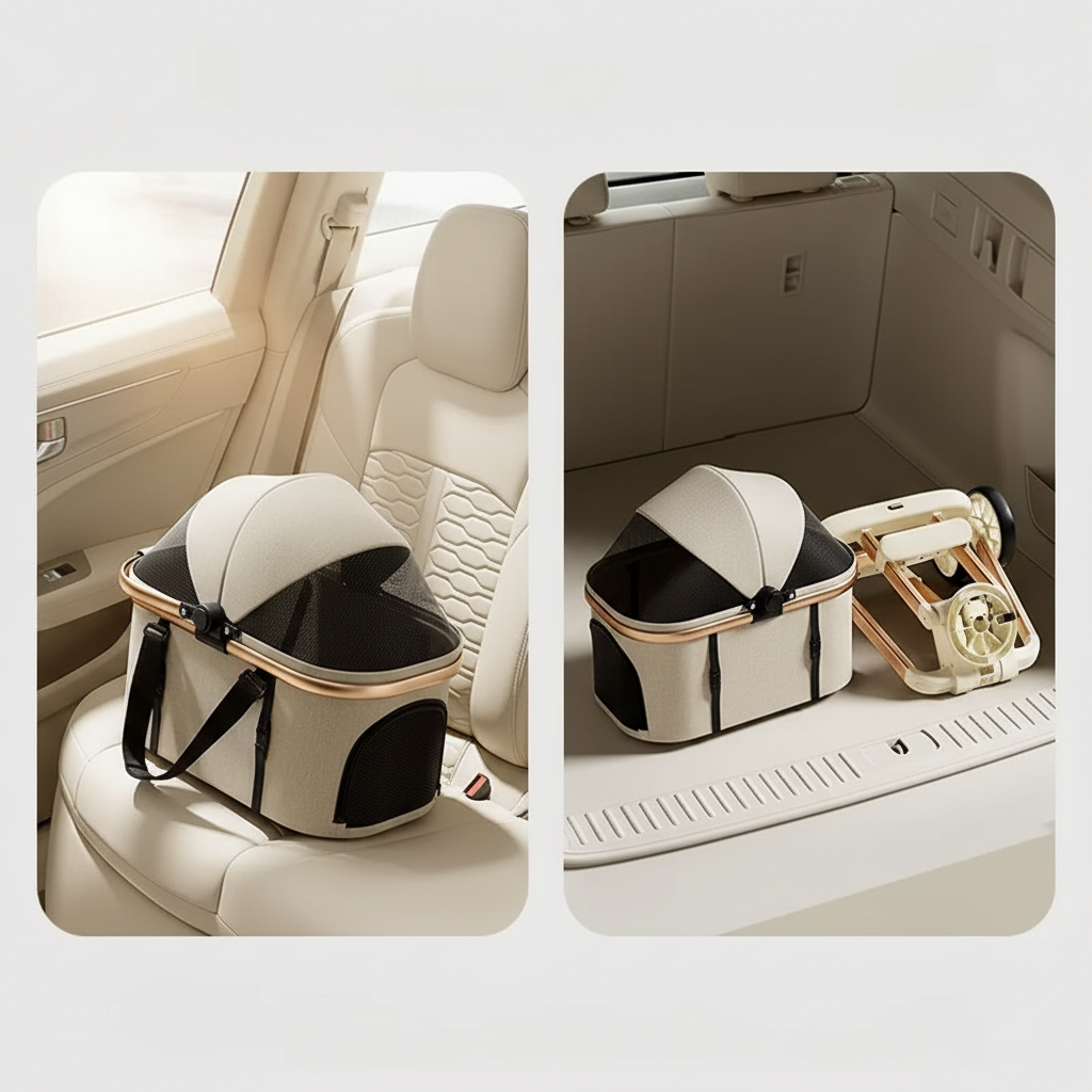 Poussette pour chiens démontable - Support sur siège auto et châssis plié dans coffre