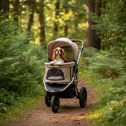 Poussette pour chiens en forêt