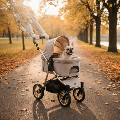 Poussette pour chiens en promenade au parc