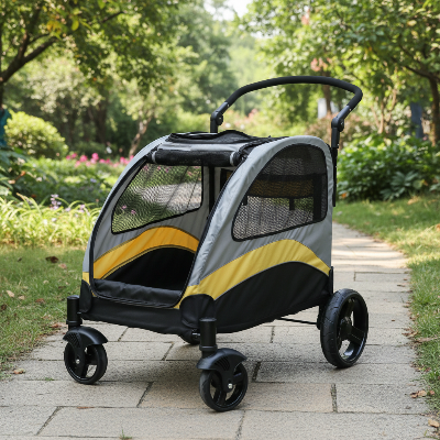 Poussette pour grands chiens couleur gris et jaune