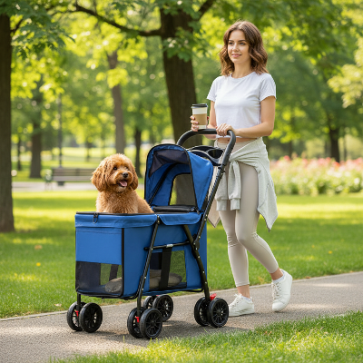 poussette pour chien  - pliable et légere-chiens-interieur-Promenade avec chien dans poussette bleue