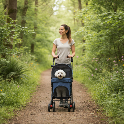 Poussettes pour chiens bleue en promenade sur sentier nature
