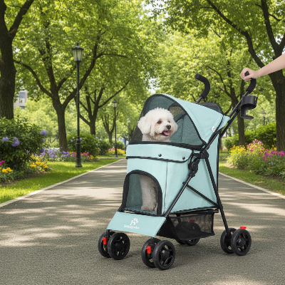 Poussettes pour chiens turquoise en promenade au parc