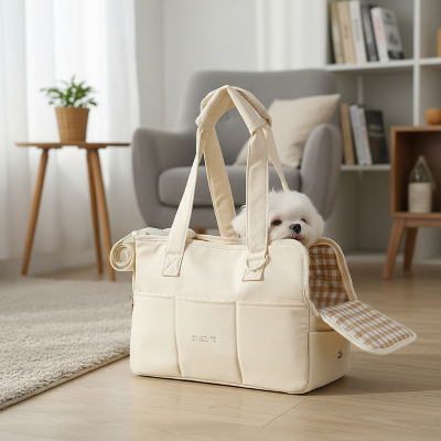 Sac de transport chien beige - chien à la maison