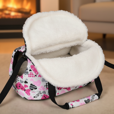 -Sac de transport chien motif cœurs -avec fourrure blanche