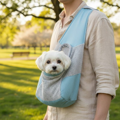 sac à dos pour chien - voyage  bandoulière maille respirante-Sac bleu pâle en promenade
