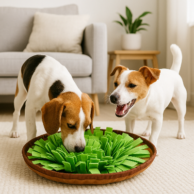 tapis de fouille laitue  avec chien cherche avec un autre chien et joue ensemble.