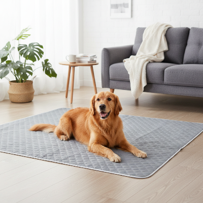 tapis de refroidissement pour chien -  été lavable portable-Chien sur tapis gris salon